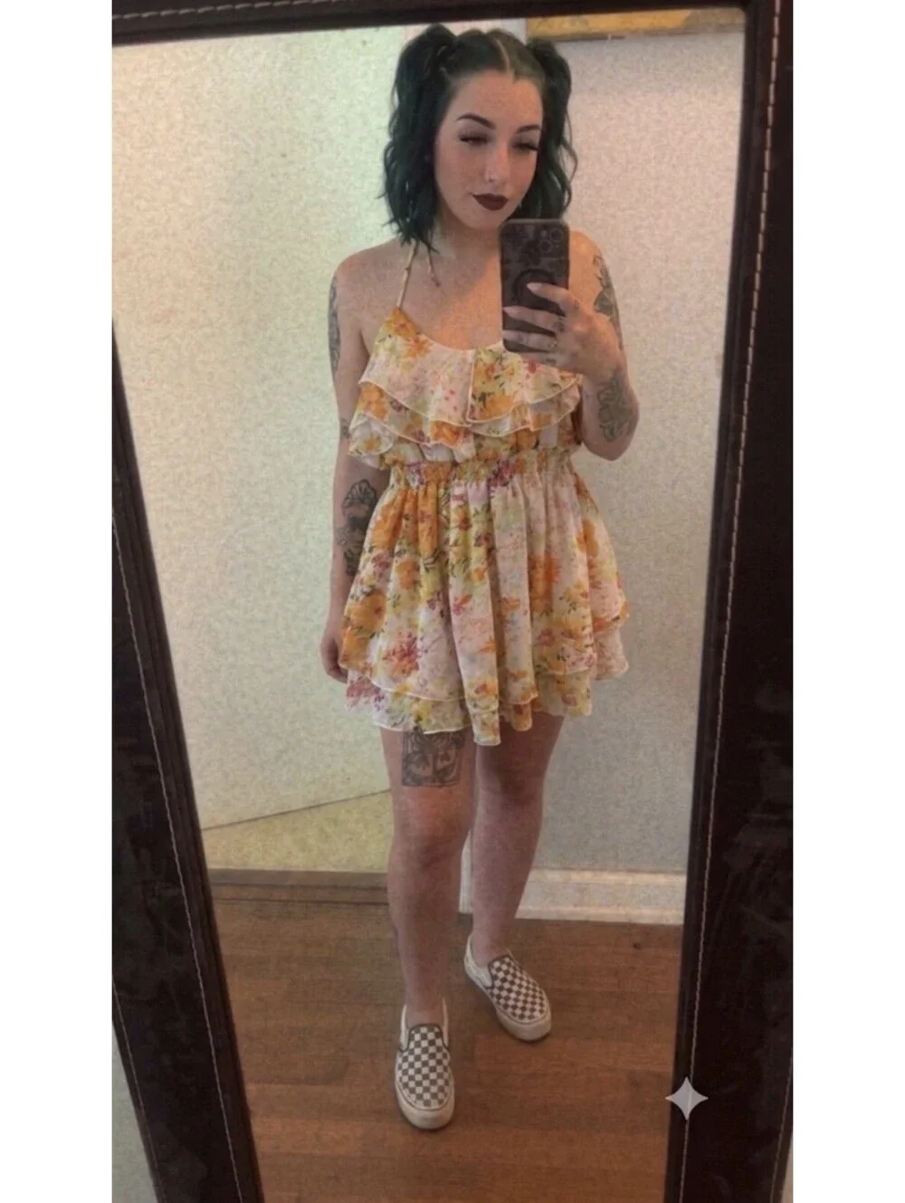 ad:hoc Watercolor Floral Ruffle Blouse Tunic Dress Bohemian Summer Cami Size S